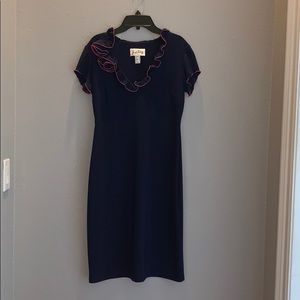 navy and pink ruffle form fitted dress